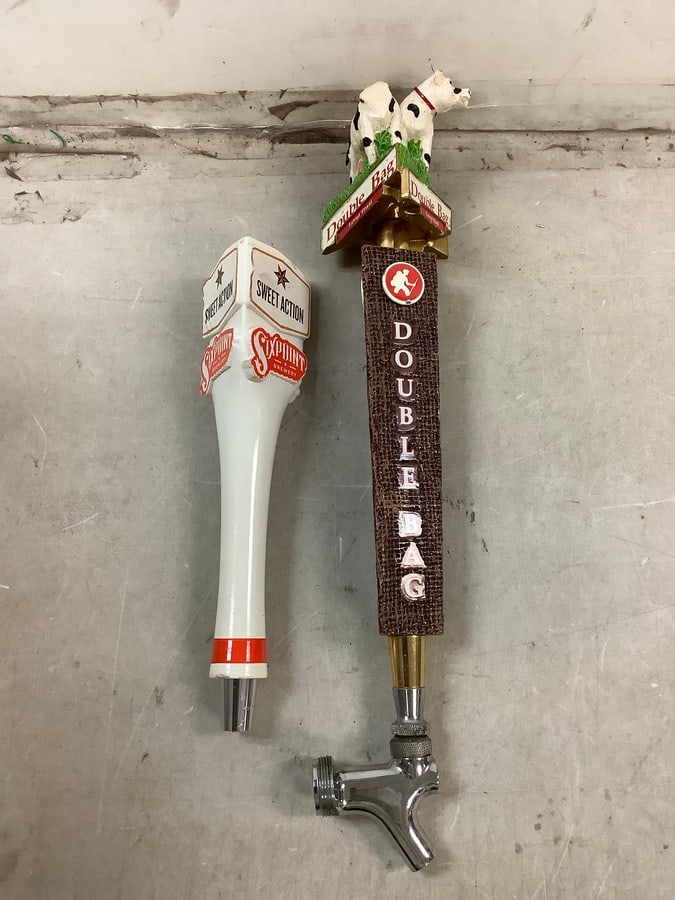 Lot of decorative tap handles(Double Bag and Sweet Action 6 point brewery) 16.5in.tallest: Lot of decorative tap handles(Double Bag and Sweet Action 6 point brewery) 16.5in.tallest