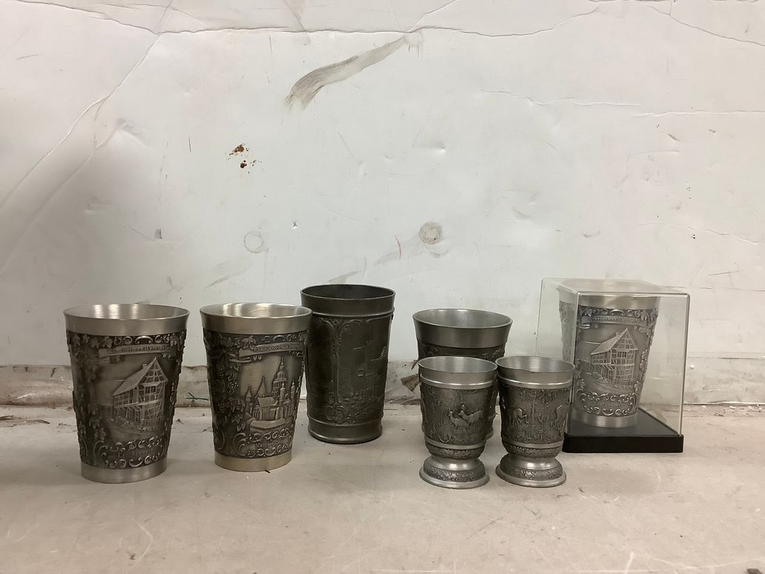 Lot of Zinn Becker original cups, Fein Zinn, and more tallest 3.5in.: Lot of Zinn Becker original cups, Fein Zinn, and more tallest 3.5in.