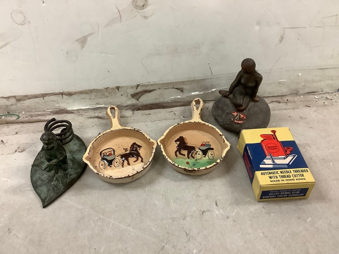 Lot of bronze nude(2.25in.tall), cast iron frying pans, and more: Lot of bronze nude(2.25in.tall), cast iron frying pans, and more