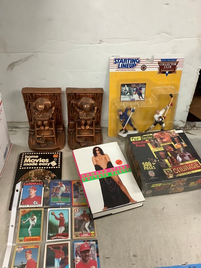 Lot of copper bookends, Starting lineup 1996 hockey collectible, vintage baseball cards, and more: Lot of copper bookends, Starting lineup 1996 hockey collectible, vintage baseball cards, and more