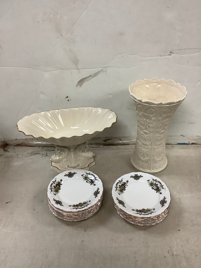 Lot of Lenox wentworth vase(about 11in.tall), Lenox bowl(hand decorated with 24k gold), and: Lot of Lenox wentworth vase(about 11in.tall), Lenox bowl(hand decorated with 24k gold), and Winterling decorative plates
