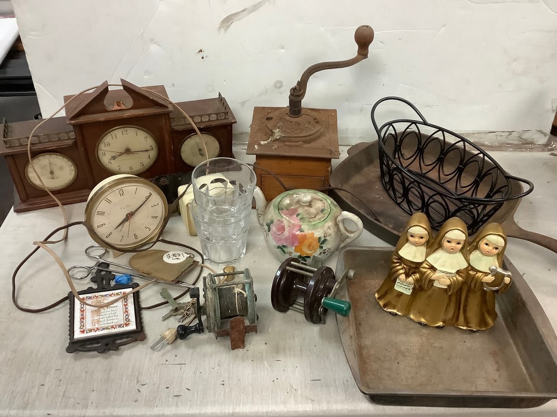 Lot of vintage kitchen pan, vintage Swift and Anderson clock, vintage pencil sharpeners, and (1 of 1)
