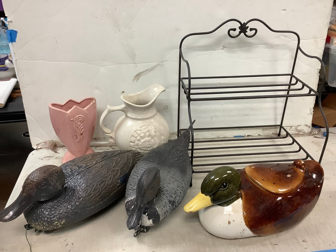 Lot of Pintail Drake ducks, ceramic duck container with top, ceramic planter, metal (1 of 1)