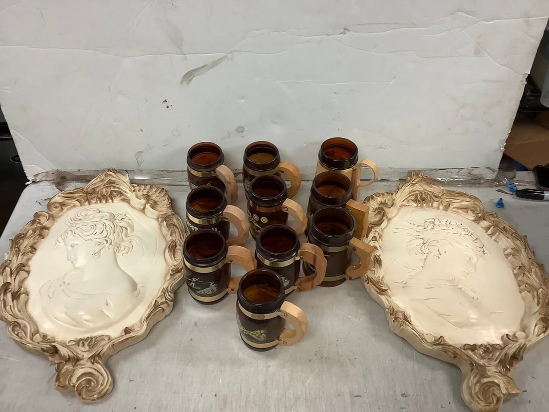 Lot of MCM wall plaques(19in.long) and souvenir beer mugs (1 of 1)