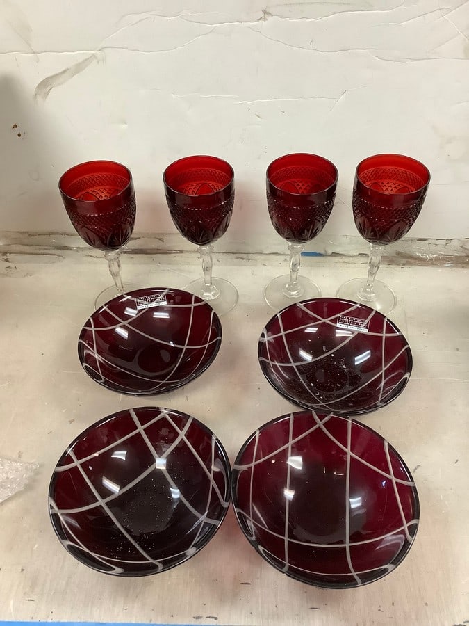 Lot of red crystal stemware and red glass bowls hand painted made in Italy (1 of 1)