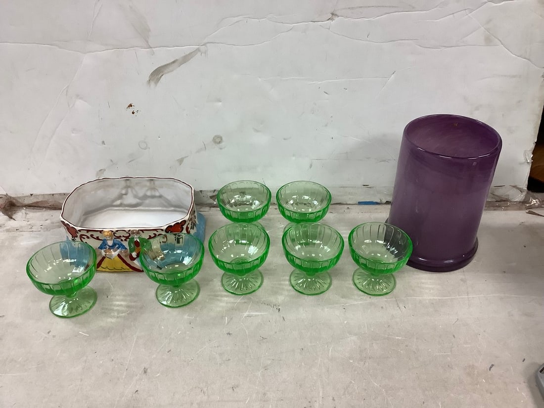 Lot of green depression glass, art glass vase(8in.tall), and more (1 of 1)