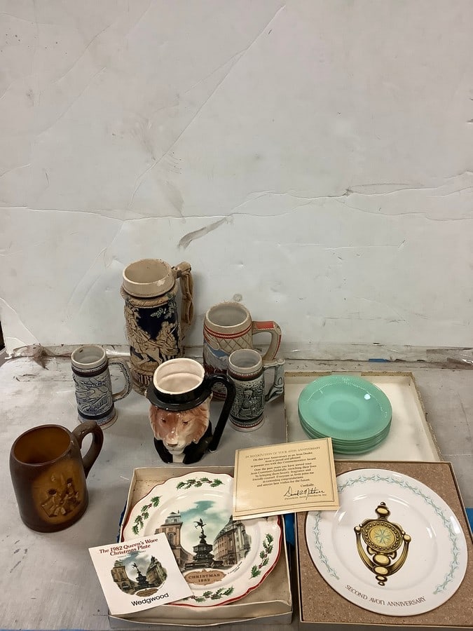 Lot of decorative plates(Avon and more), Fire king jadite saucers, mugs, and more(tallest 9.5in.), (1 of 1)