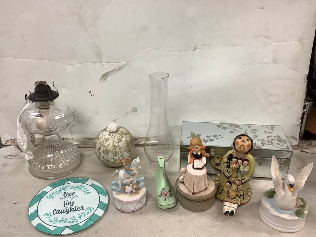 Lot of jewelry organizer box with mirror exterior(12in.x5in.x4in.), decorative ceramics, kerosene (1 of 1)