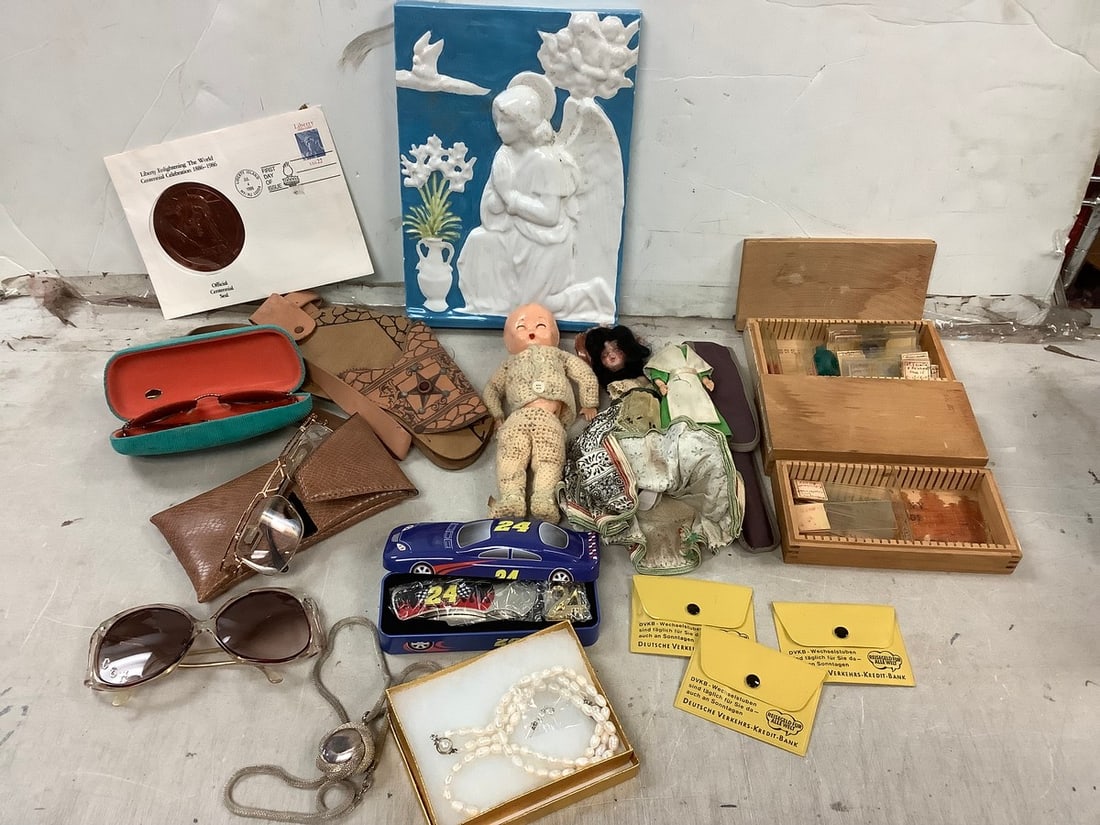 Lot of vintage slides in wooden box organizers, collectible J. Gordon tin and knife set, decorative: Lot of vintage slides in wooden box organizers, collectible J. Gordon tin and knife set, decorative ceramic(8in.x11in.), and more