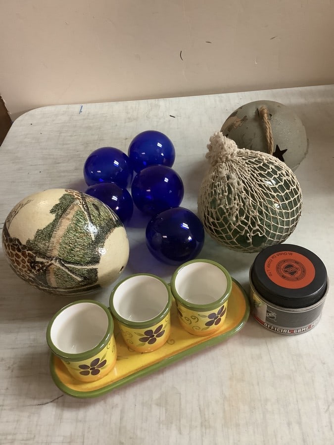 Lot of decorative ceramic cups(2.5in.tall), blue orbs, and more (1 of 1)