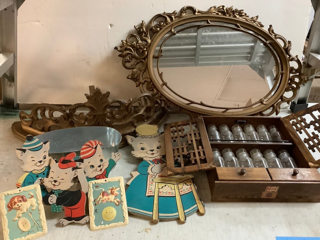 Lot of wooden spice rack(14in.tall, 11.5in.long), decorative mirror mirror, and more (1 of 1)