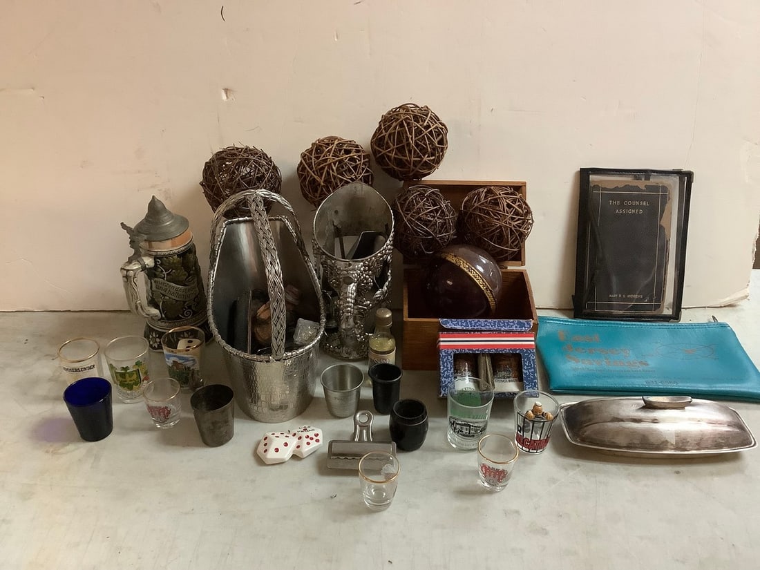 Lot of decorative balls, various shot glasses, vintage stein(8.5in.tall), and more (1 of 1)