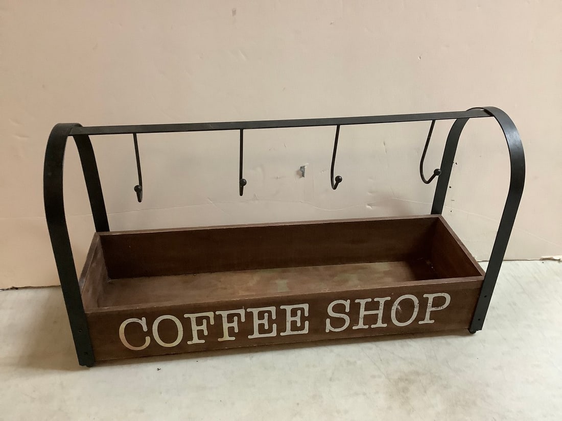 Lot of Coffee Shop wooden box organizer with metal hanging hooks(19.5in.x6.25in.x11in.) (1 of 1)