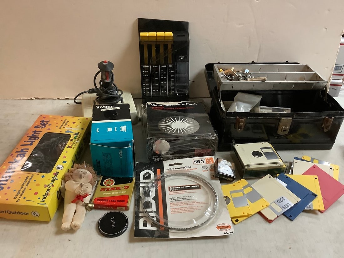Lot of fishing box(12.5in.x6in.x6in.), Ridgid bandsaw blade, coin sorter, and more (1 of 1)