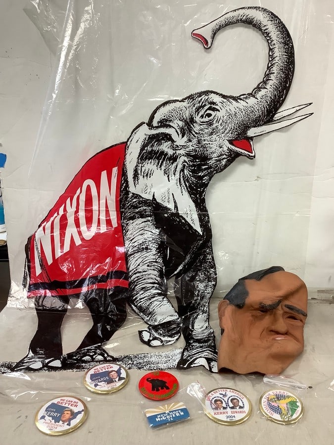 Lot of vintage political buttons and costume mask (1 of 1)
