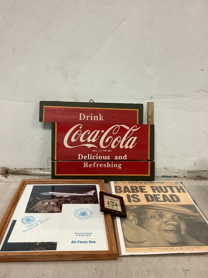 Lot of vintage Coca-Cola sign(12in.x16in.,damaged), framed Air Force one photos, and more (1 of 1)