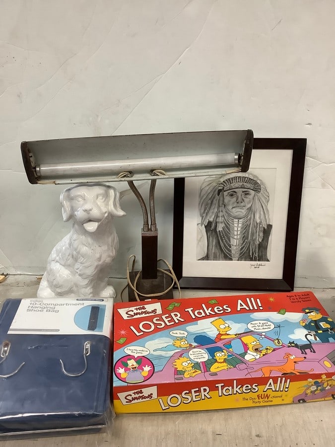 Lot of the Simpsons board game, ceramic dog statue, vintage desk lamp, and more (1 of 1)