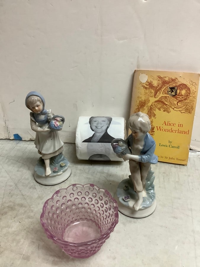 Lot of decorative ceramics(tallest 7.25in.), Alice in Wonderland soft cover book, Hilary Clinton (1 of 1)