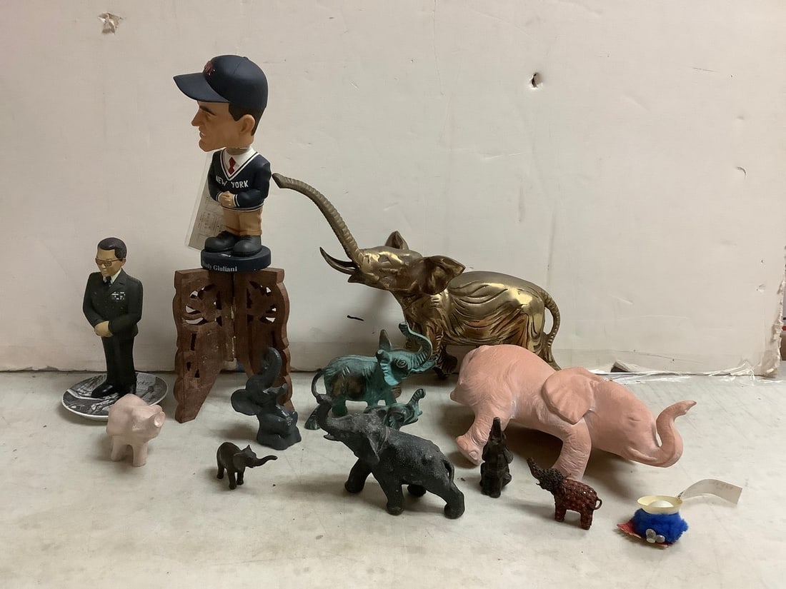 Lot of elephant statues, Rudy Guiliani bobblehead on stand(13in.tall), and more: Lot of elephant statues, Rudy Guiliani bobblehead on stand(13in.tall), and more