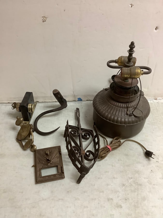 Lot of vintage copper two bulb lamp(14.5in.tall) and other items: Lot of vintage copper two bulb lamp(14.5in.tall) and other items