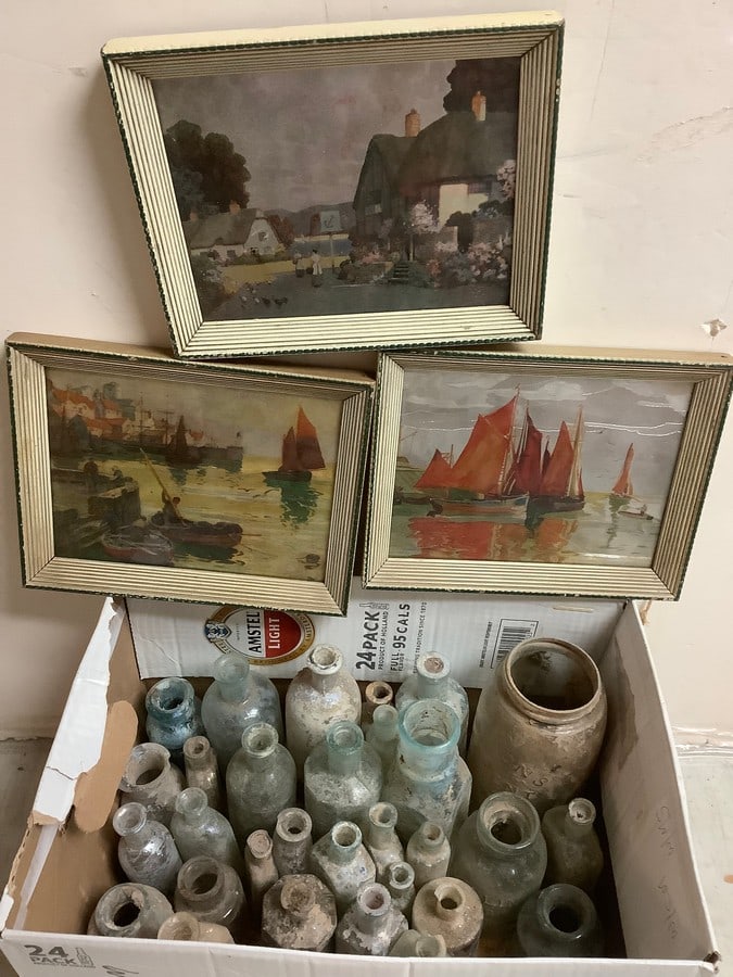 Lot of vintage glass bottles and framed artwork(7in.x9in.) (1 of 1)