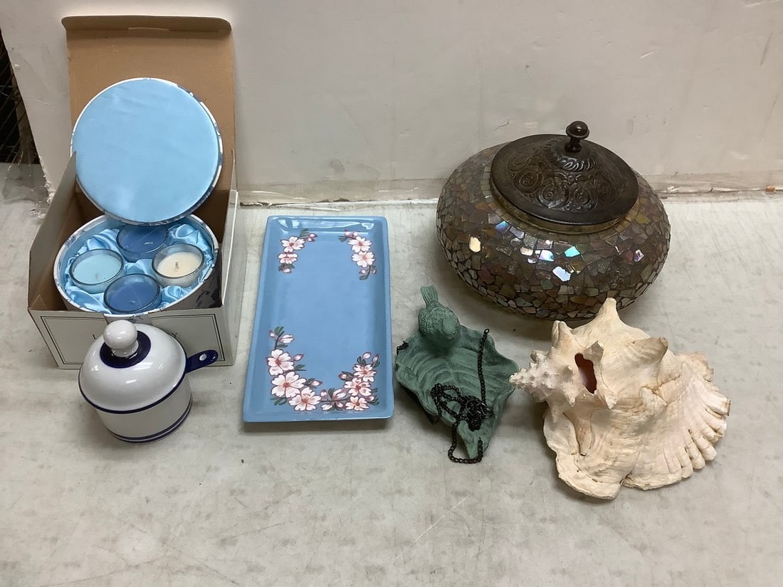 Lot of Laura Ashley Sophia box with votives, decorative statues, and more(tallest about 7.5in.): Lot of Laura Ashley Sophia box with votives, decorative statues, and more(tallest about 7.5in.)