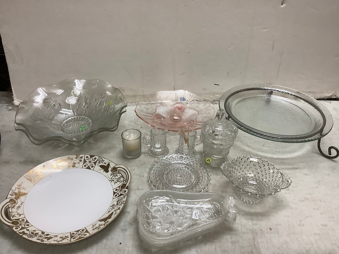 Lot of various decorative serving plates, bowls, and more(one plate with metal stand-11in.long, (1 of 1)