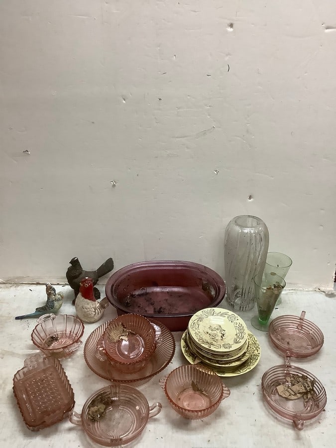 Lot of various plates, bowls, vase(12in. tall),pink depression glass, and more (1 of 1)