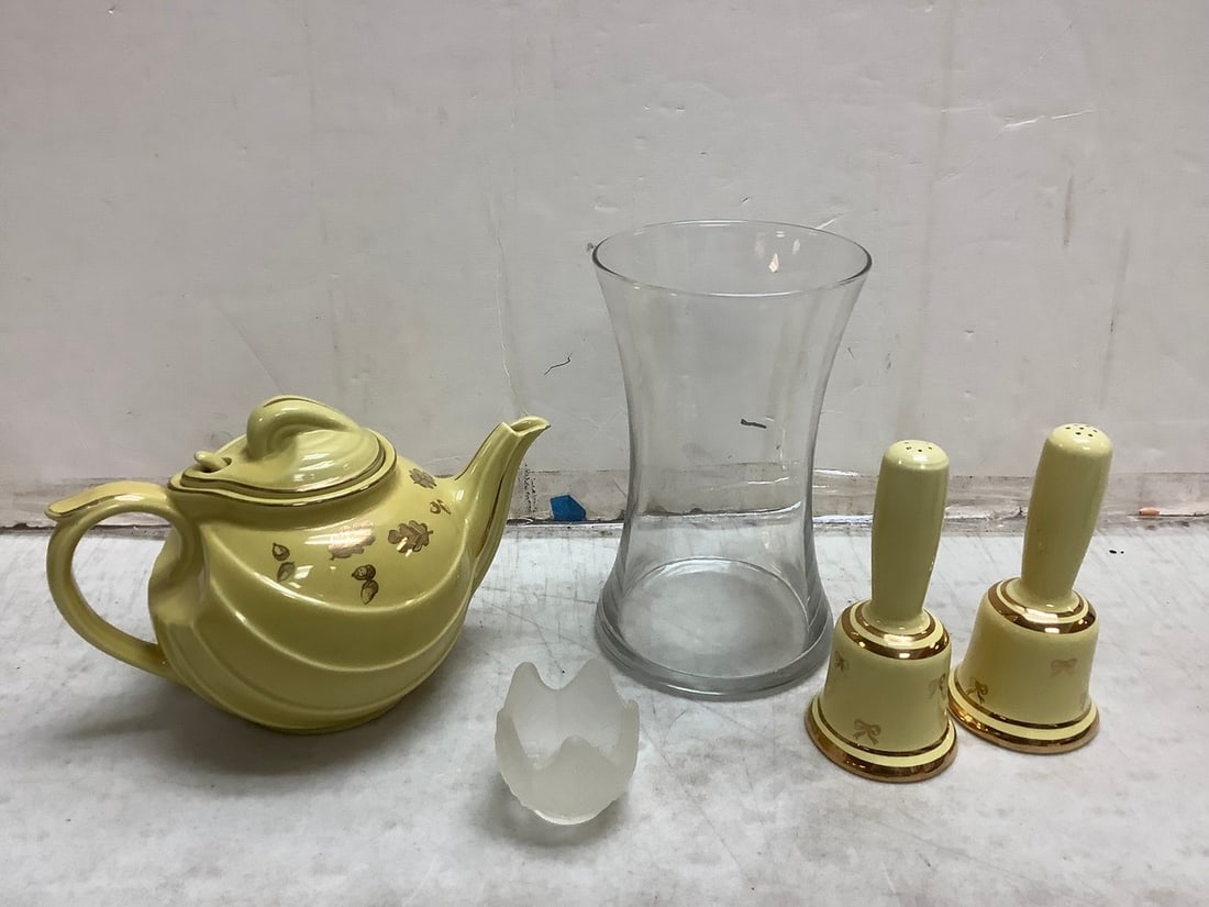 Lot of Hall ceramic teapot and decorative bells, glass vase(8in.tall), and more (1 of 1)