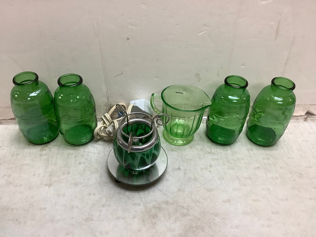 Lot of various green glass cup, decor, and more(tallest 5.25in.) (1 of 1)