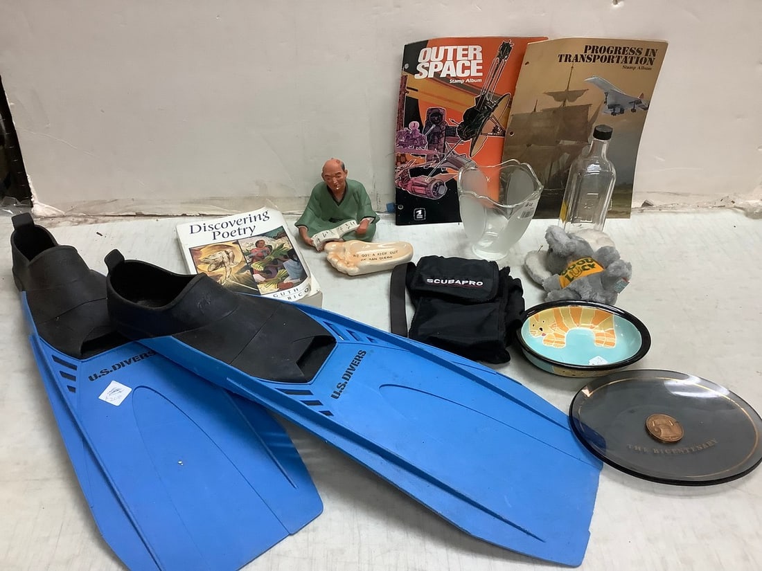 Lot of The Bicentenary collectible plate, U.S. Divers scuba flippers, stamp albums, and more (1 of 1)