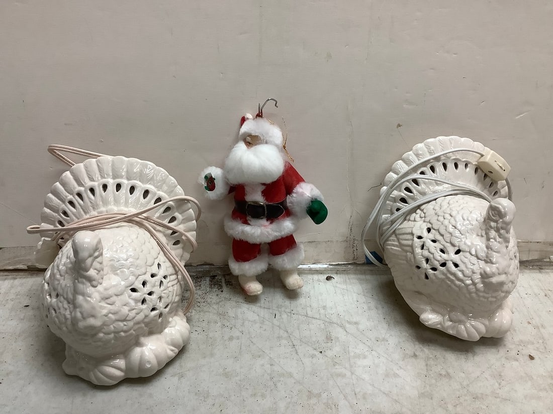 Lot of ceramic turkey lights(6in.tall) and santa doll: Lot of ceramic turkey lights(6in.tall) and santa doll