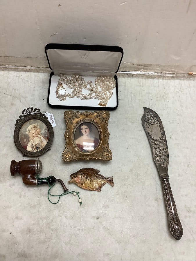 Lot of vintage silver knife(12.5in.long), framed photos, piranha, and more (1 of 1)