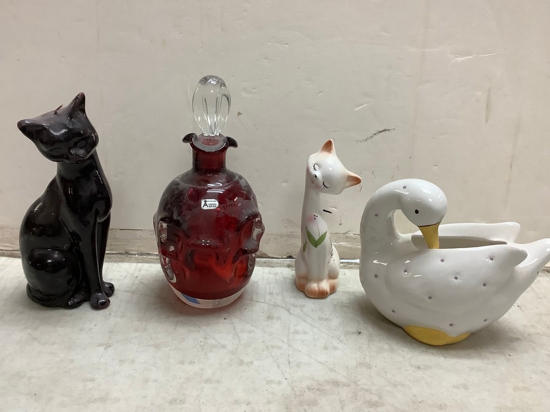 Lot of house decor(red glass decanter-9in.tall, duck ceramic, cat shaped candle, and more) (1 of 1)