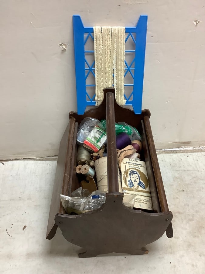 Vintage Wood Sewing Box With Materials: Vintage Wood Sewing Box With Materials