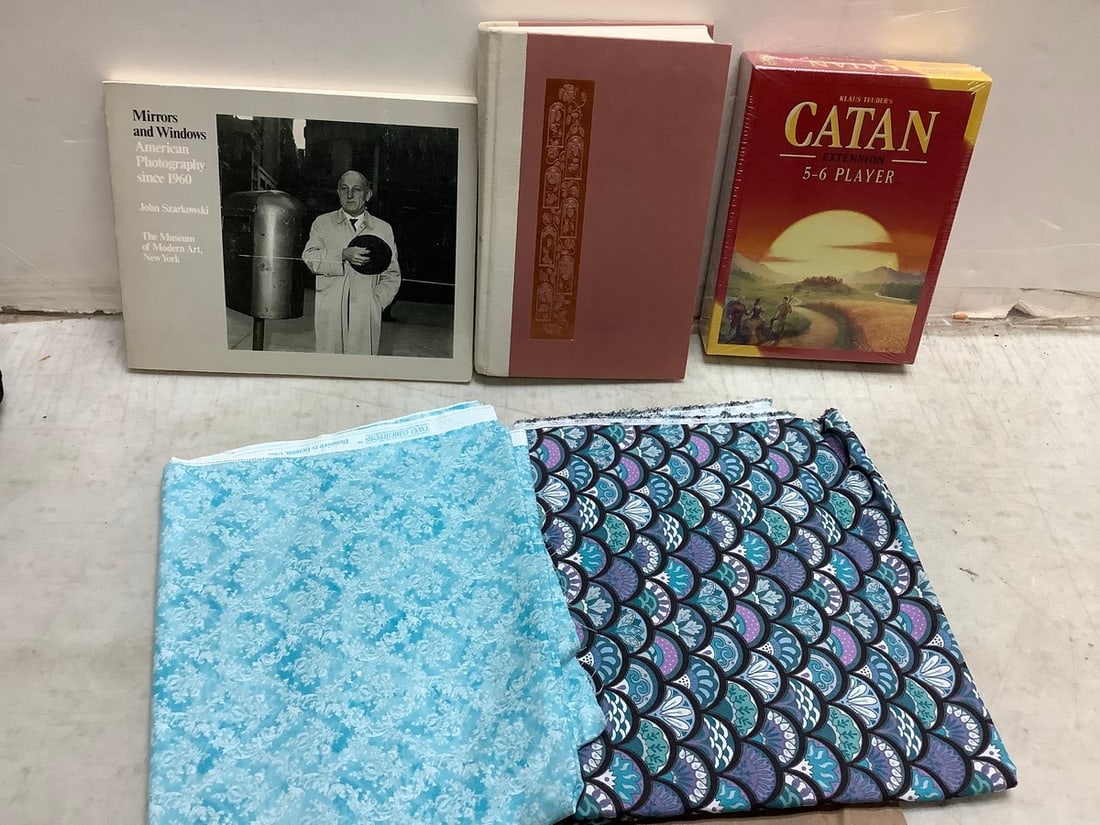 Lot of Catan board game, books, and fabrics: Lot of Catan board game, books, and fabrics