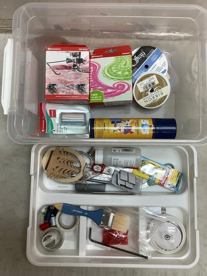 Lot of Art Box with Ribbons, Needles, Fabric Spray and more: Lot of Art Box with Ribbons, Needles, Fabric Spray and more