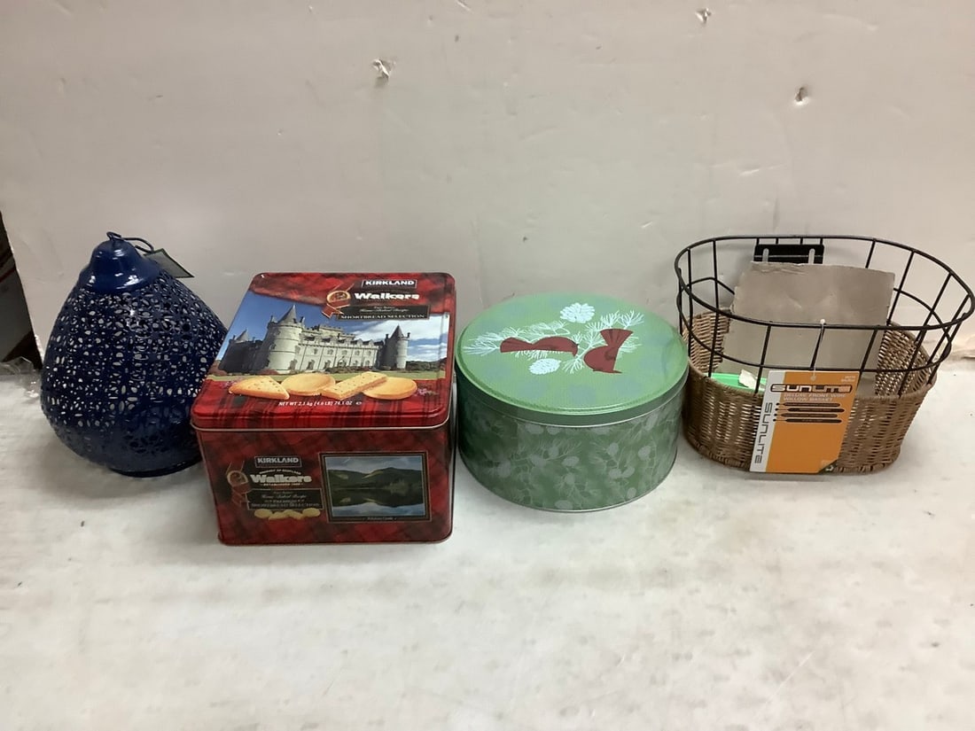Lot of Lantern, cookie tins, and Sunlite basket, 9.5 in tallest.: Lot of Lantern, cookie tins, and Sunlite basket, 9.5 in tallest.