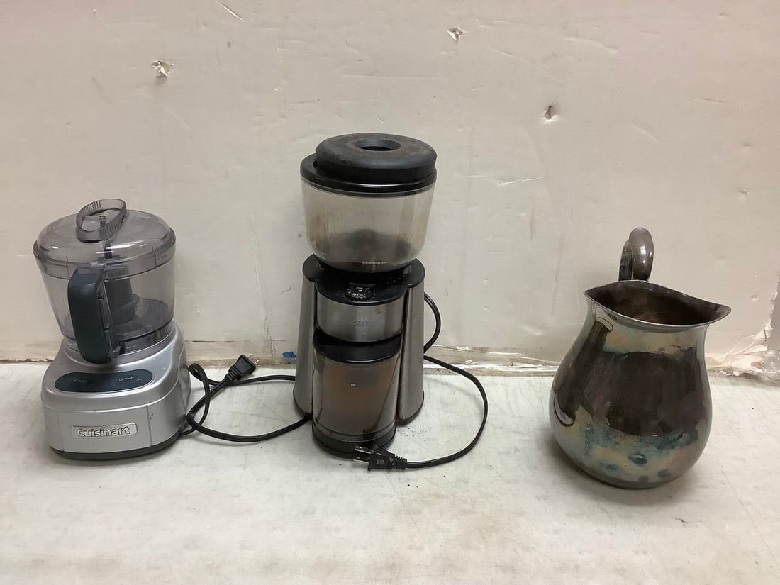 Lot of kitchen appliances (Cuisinart, Mr.Coffee-11.25in.tall), Reed and Barton pitcher: Lot of kitchen appliances (Cuisinart, Mr.Coffee-11.25in.tall), Reed and Barton pitcher