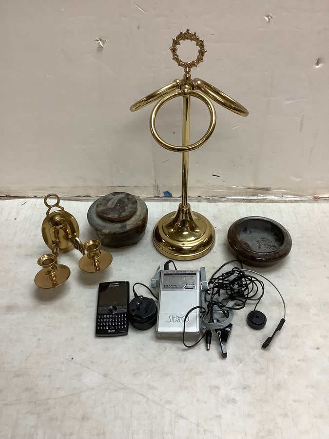 Lot of Sanyo portable radio, decorative containers, MCM bathroom towel rack(17.5in.tall), and more (1 of 1)