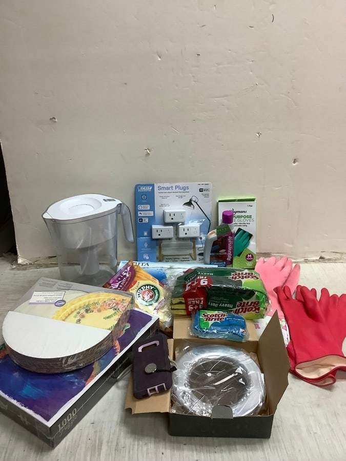 Lot of Brita filter, Feit elctric smart plugs, scotch brite sponges, cleaning gloves, and more (1 of 1)