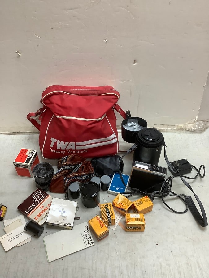 Lot of vintage cameras and camera accesories(Vivitar lens, Nikon flash attachment, Kodak film, and (1 of 1)