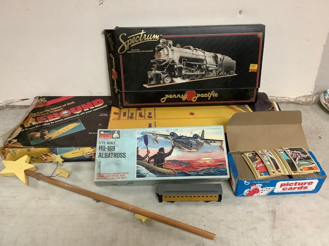 Lot of vintage picture cards, Rebound vintage game, Spectrum Pemmy Pacific train model, and more (1 of 1)