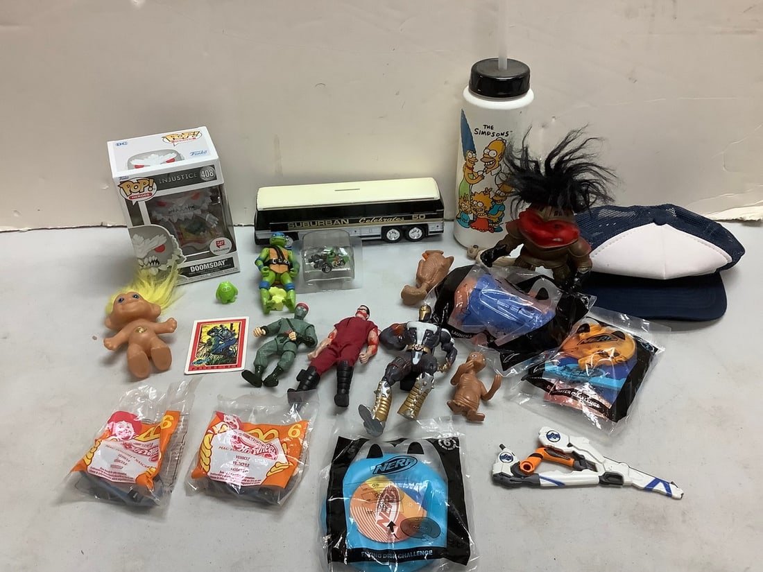 Vintage TMNT 1988 Hat, Simpons bottle(9in.tall), bus bank, and more: Vintage TMNT 1988 Hat, Simpons bottle(9in.tall), bus bank, and more