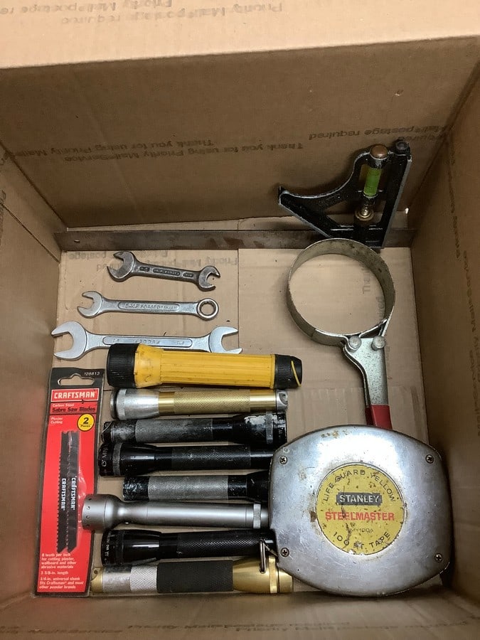 Lot of various flashlights and tools(wrenches, Stanley Steelmaster 100ft.tape, and more (1 of 1)