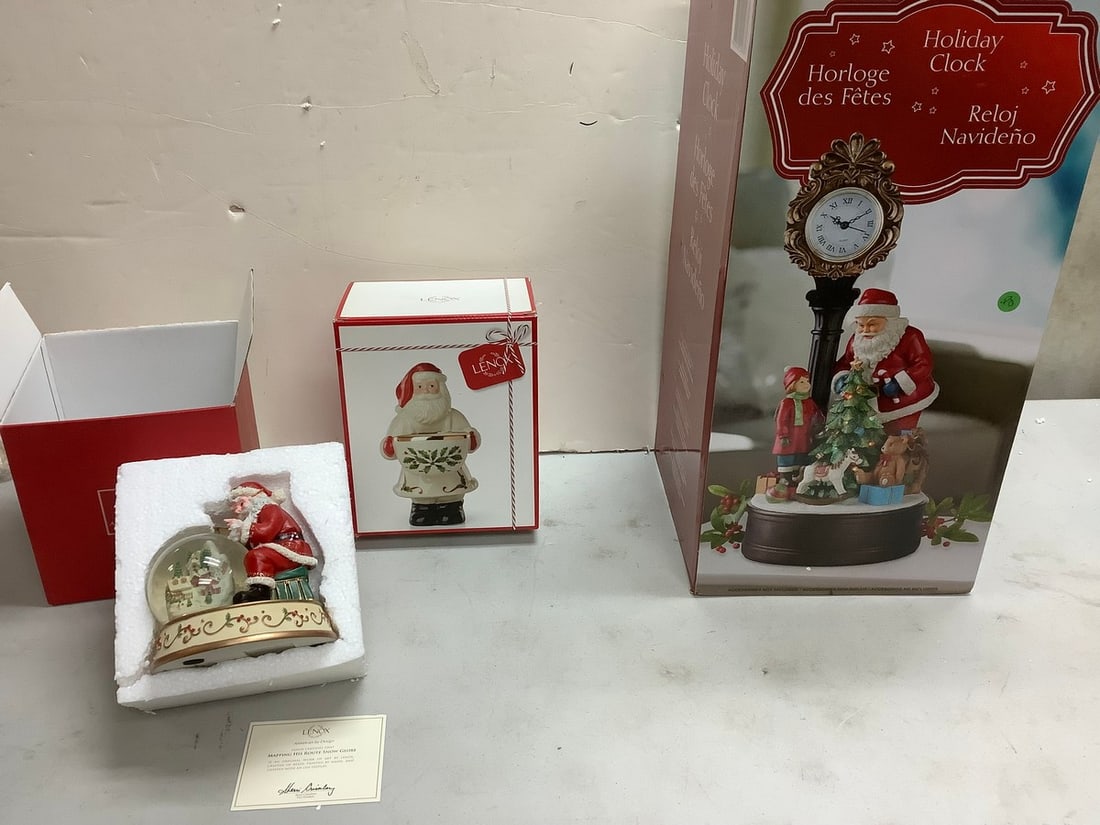 Lot of Holiday Clock,  Lenox ceramic santa, and Lenox snowglobe (1 of 1)