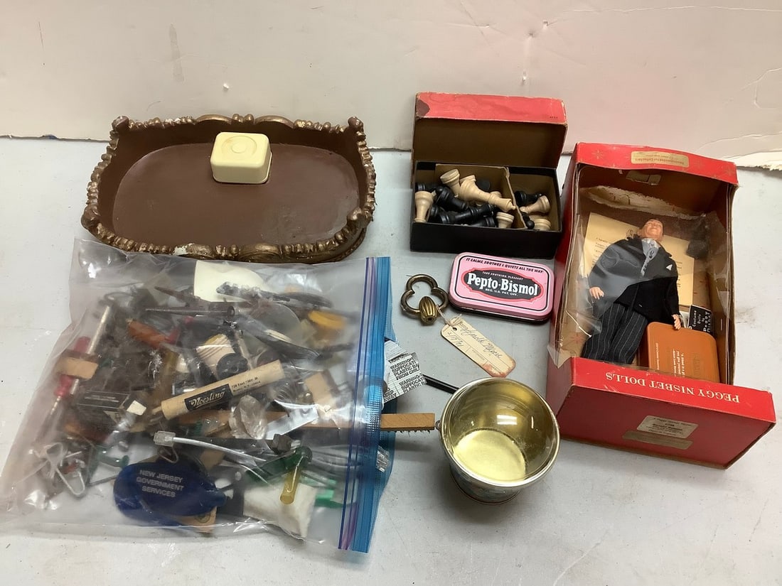 Lot of vintage Peggy Nisbet doll, chess pieces, vintage Pepto-Bismol container, and more: Lot of vintage Peggy Nisbet doll, chess pieces, vintage Pepto-Bismol container, and more