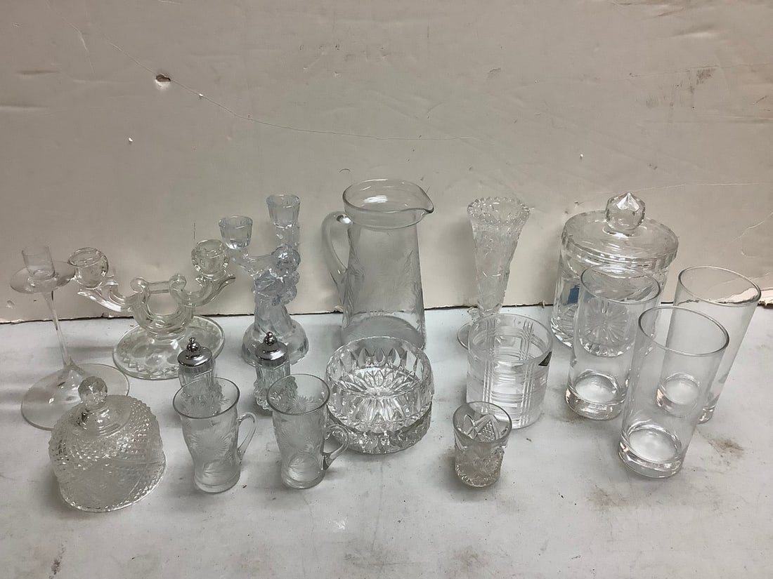 Lot of decorative glass candleholders, salt/pepper shakers, drinking glasses, and more(tallest 8in.) (1 of 1)