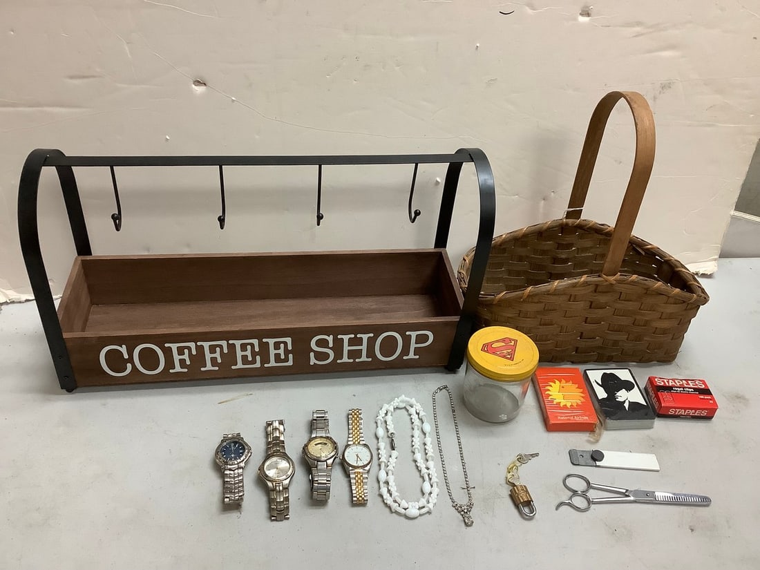 Lot of wooden coffee shop caddy organizer,(11.5in.tall,19.5in.long) wicker basket, watches, and more: Lot of wooden coffee shop caddy organizer,(11.5in.tall,19.5in.long) wicker basket, watches, and more