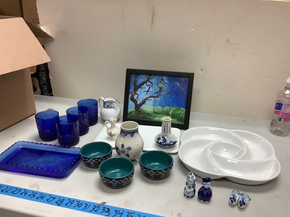 Lot of Everyday white porcelain rose shaped snack tray, framed painting 11x9,small figures, french (1 of 1)